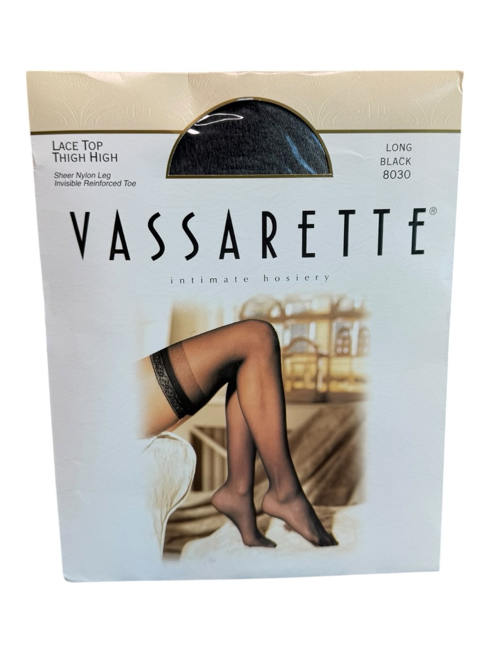 Vassarette Lace Top Thigh High Sheer Nylon Stockings Size Long Black 8030 NOS